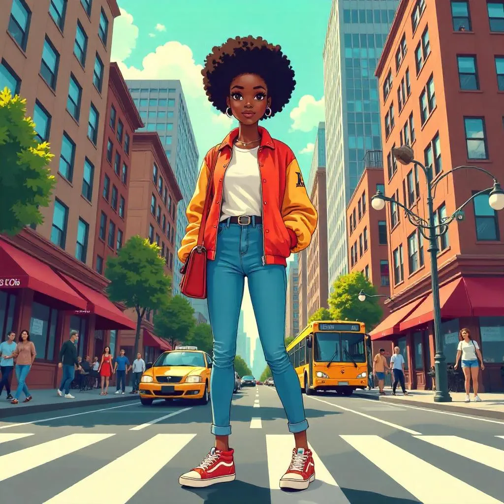 Cartoon Style: Young Black Woman in Downtown City Scene