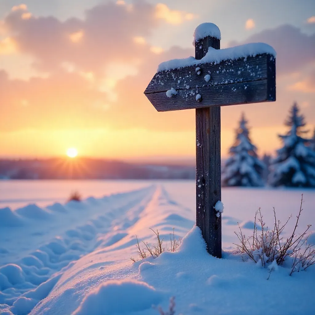 Snow-Covered Signpost at Sunset in Quiet Winter