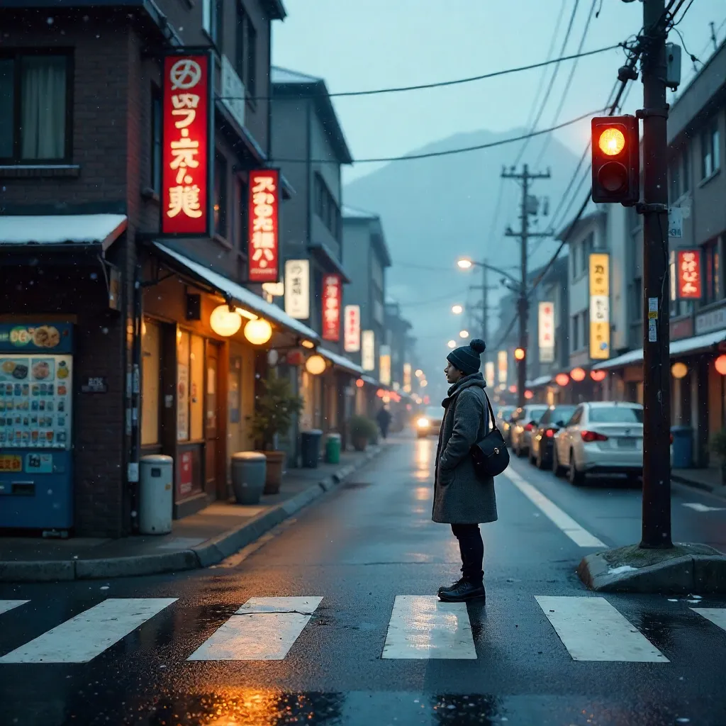 Nagano City Street: Pedestrian Waiting at a Crosswalk