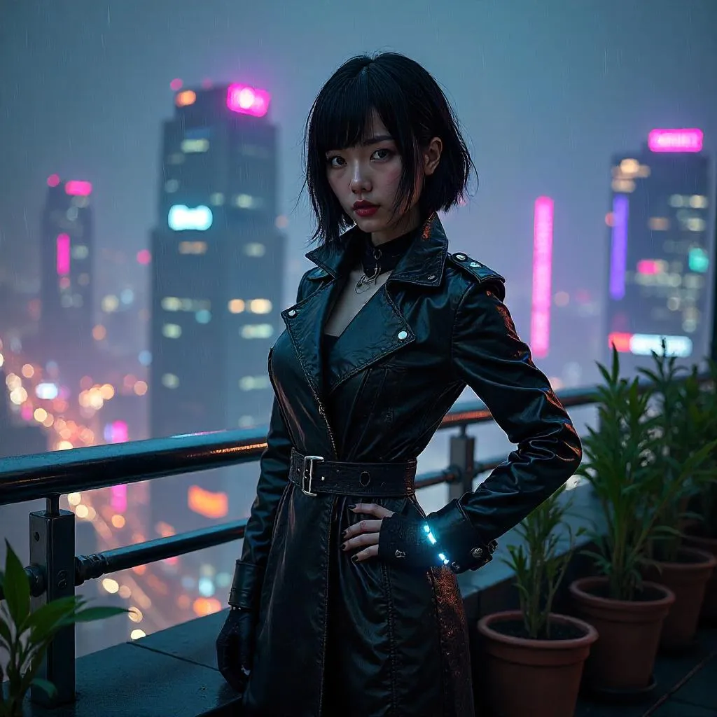 Confident Asian Woman on a Neon Cyberpunk Terrace
