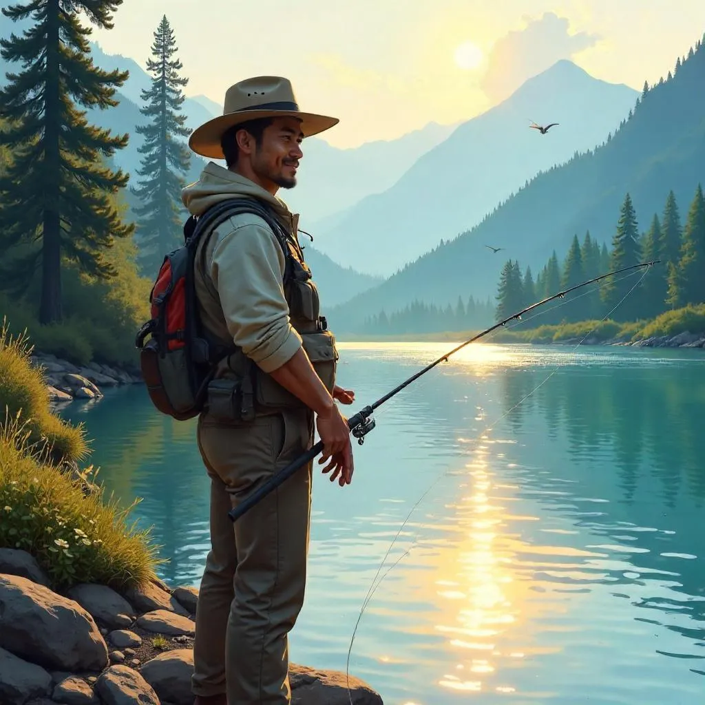Confident Asian Man by a Serene Fishing Spot