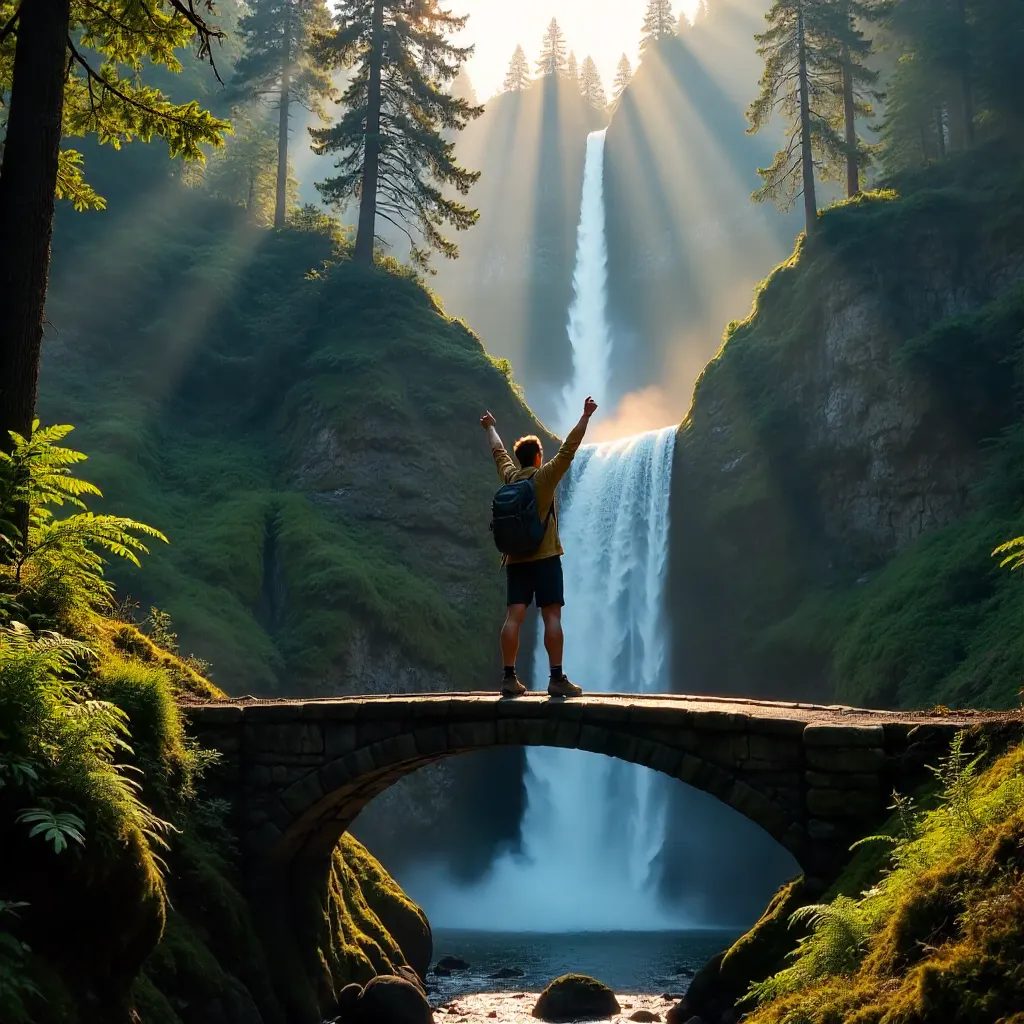 Triumphant Hiker on Benson Bridge, Multnomah Falls
