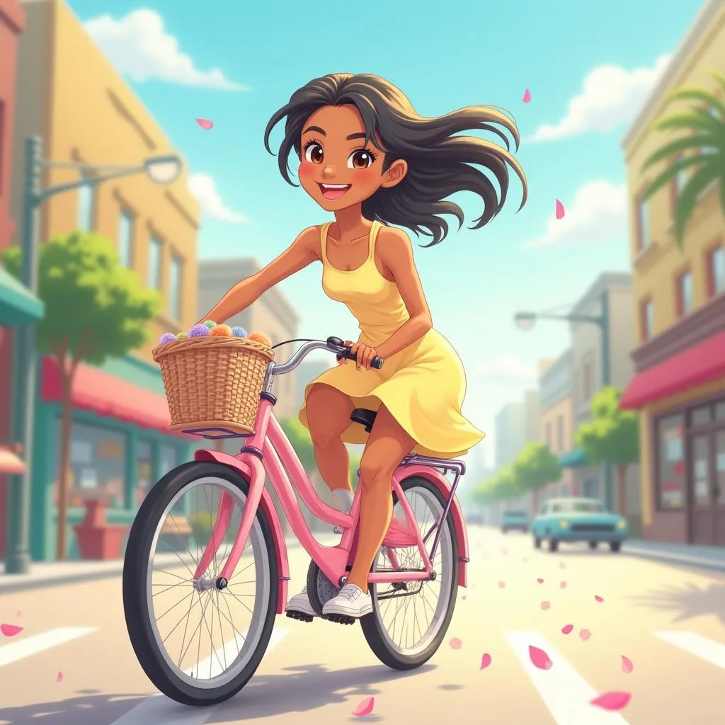 Cheerful Latina on a Bicycle in Sunny Anime Style