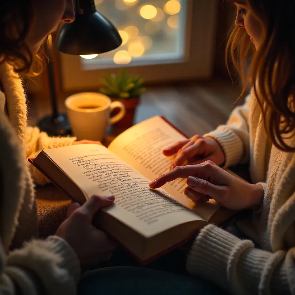 Two People Sharing a Book in Cozy Light