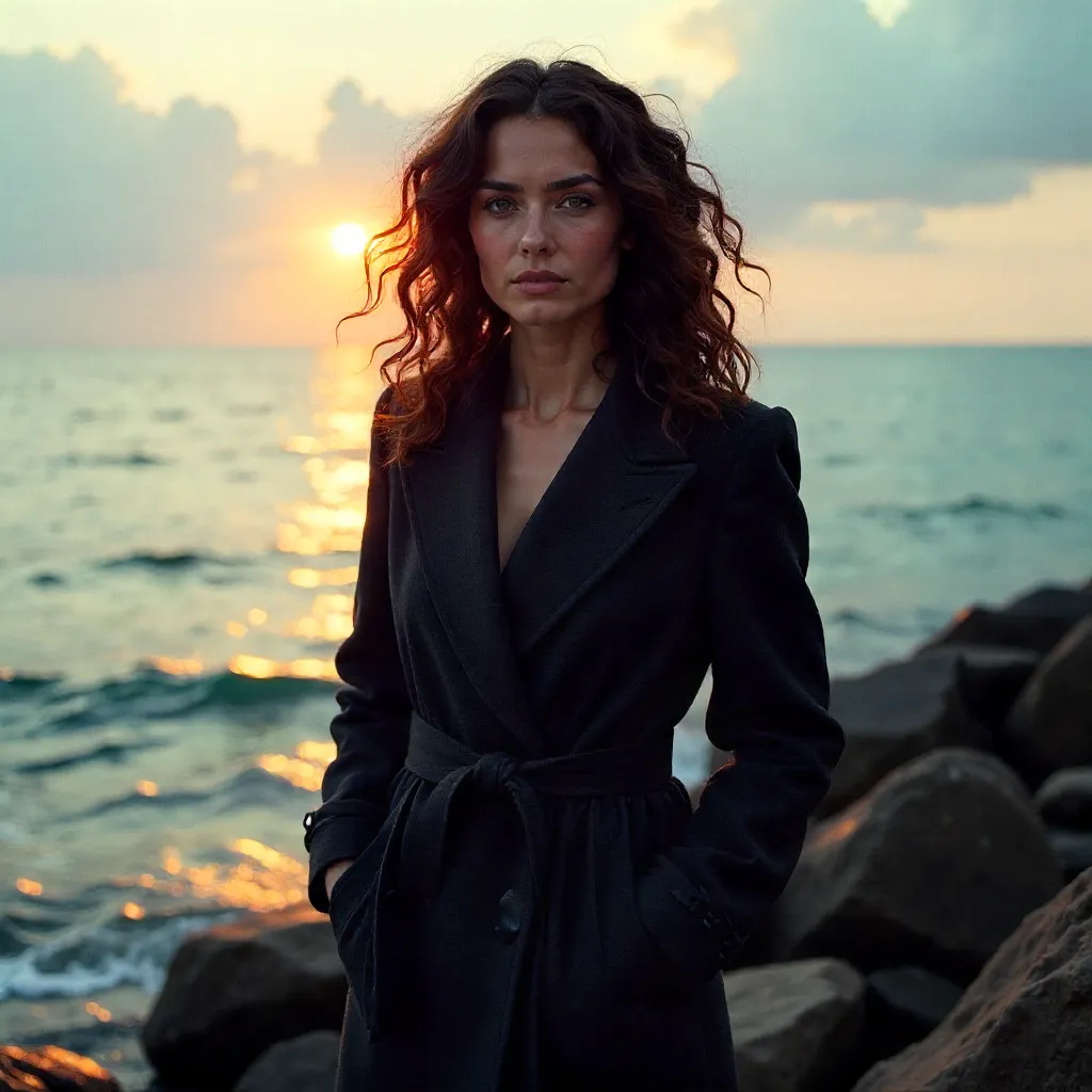 Stylish Curly-Haired Woman in a Dark Coat by the Sea