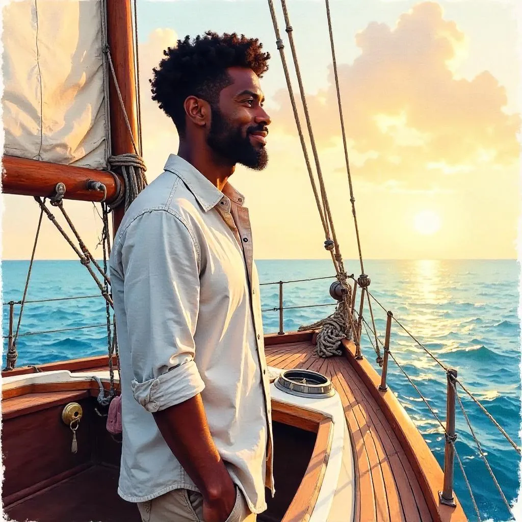 Handsome Black Man in Watercolor on a Boat