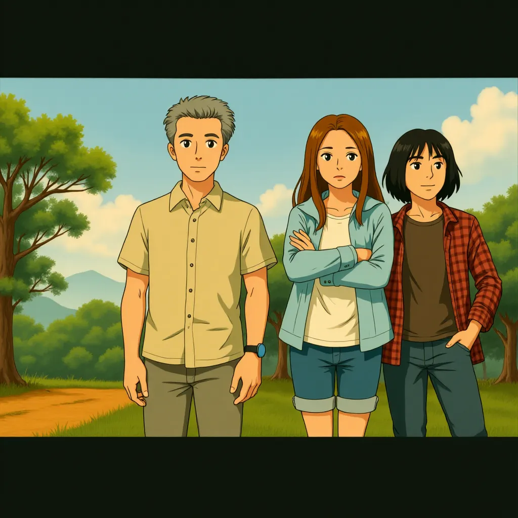 George Clooney, Shailene Woodley, and Nick Krause in The Descendants (2011) - Anime style