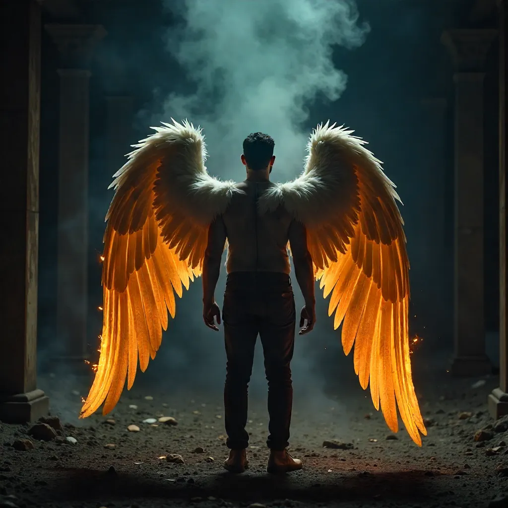 Back View: Flaming Angel Wings in the Dark