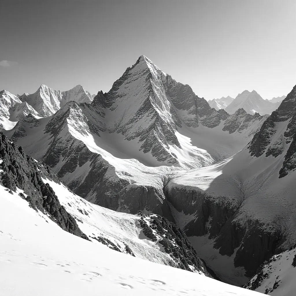 Dramatic Mono: Snow-Capped Peaks Under Clear Sky