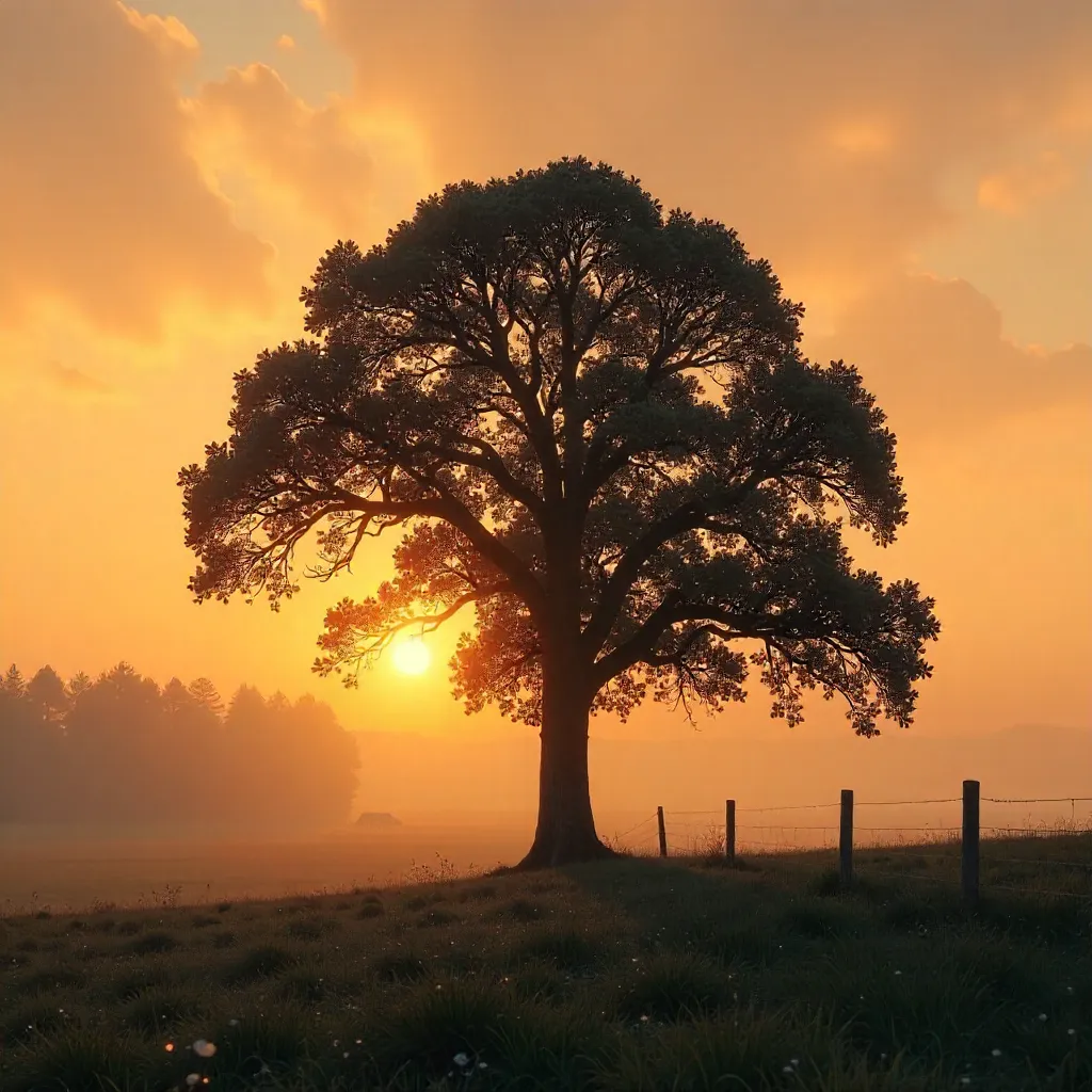 Oak Silhouette at a Foggy Estonian Sunset
