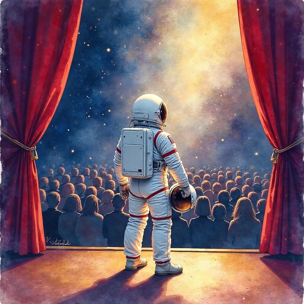 Astronaut on a Theater Stage in Watercolor
