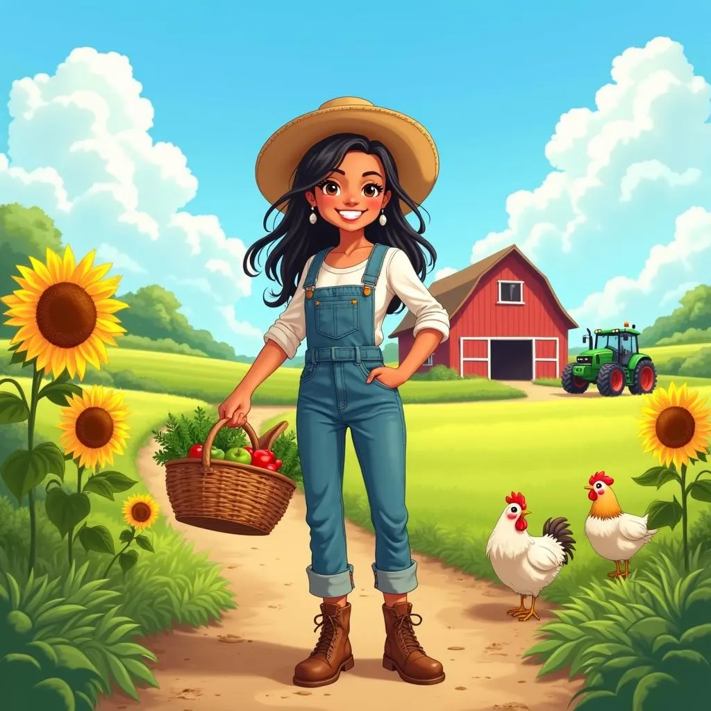 Cheerful Latina on a Sunny Farm - Anime Style