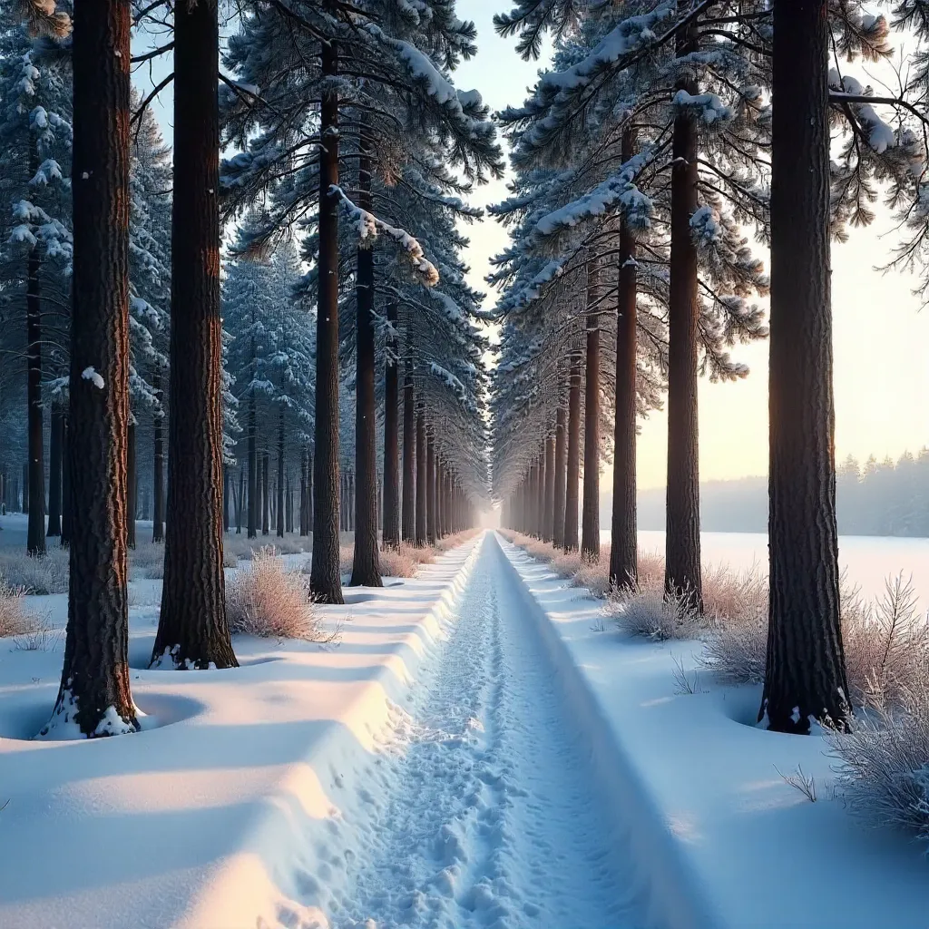 Snowy Pine Path Through Jönköping County Forest