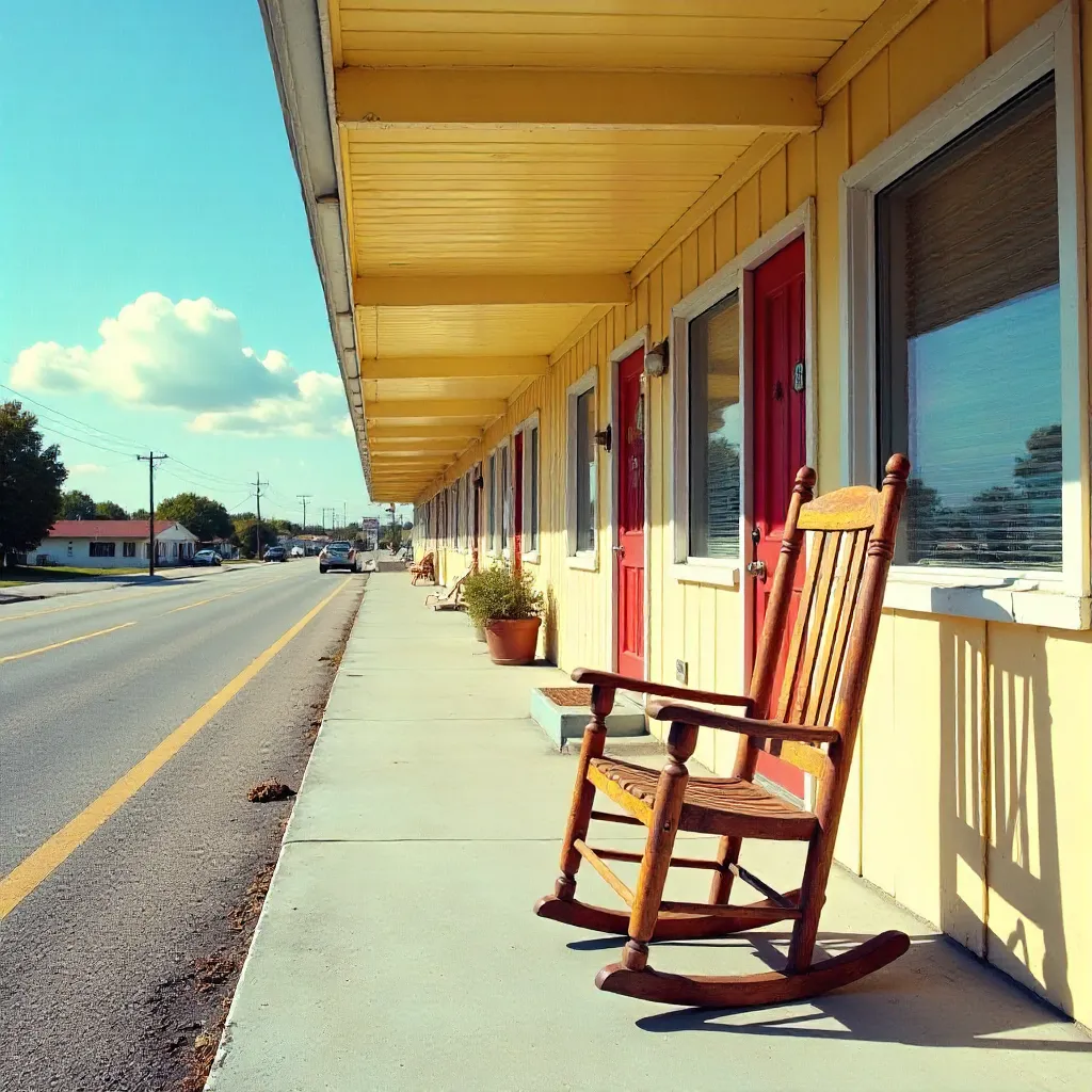 Sunny Motel Porch with a Lone Rocking Chair