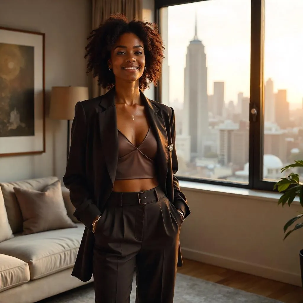 Photorealistic Portrait of a Stylish Black Woman in an Apartment