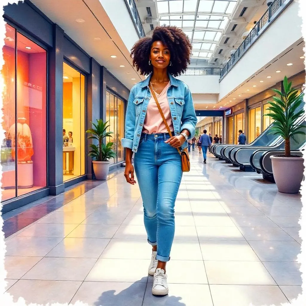 Watercolor Moment: Young Black Woman in a Mall