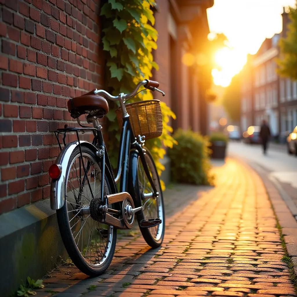Sunlit Dutch Bicycle by a Brick Wall in Amsterdam