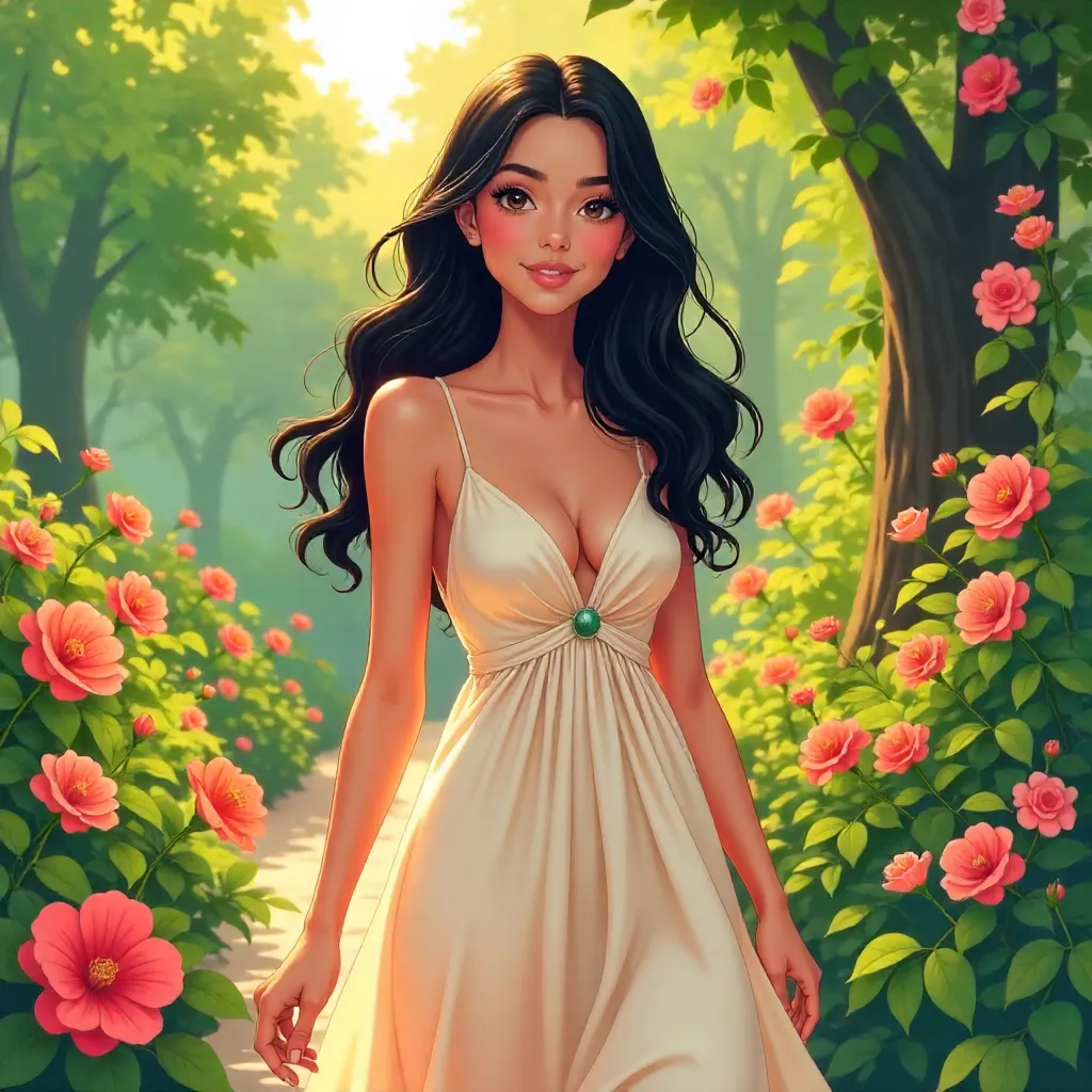 Latina Beauty in a Lush Anime Garden