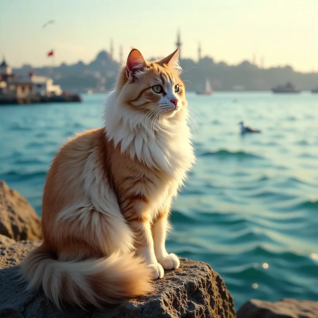 Fluffy Cat on Rocks Over Calm Istanbul Seascape
