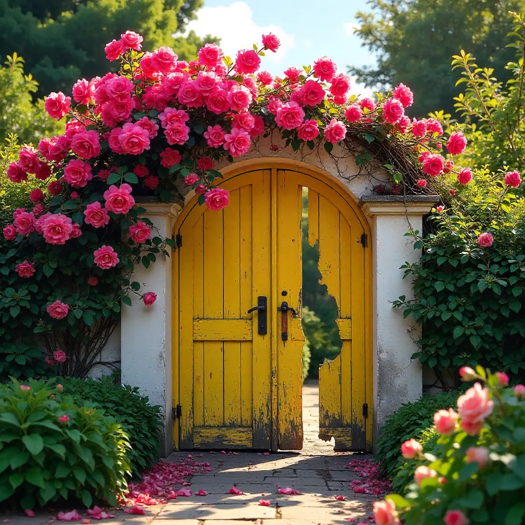 Sunny Yellow Gate with Pink Flowers in Bloom