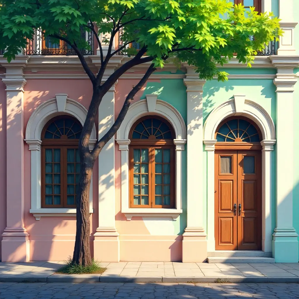 Pastel Colonial Facade Under a Shaded Tree