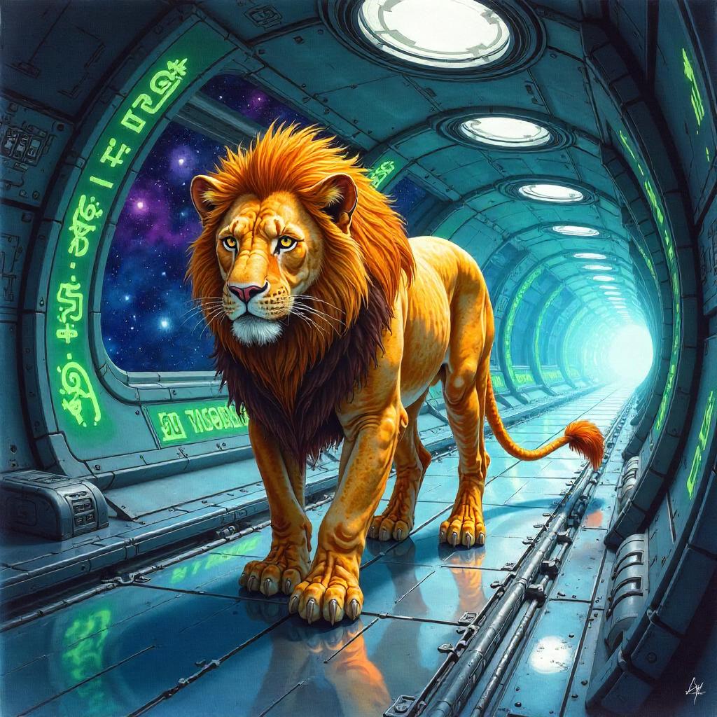 Watercolor Manticore in an Alien Starship Corridor
