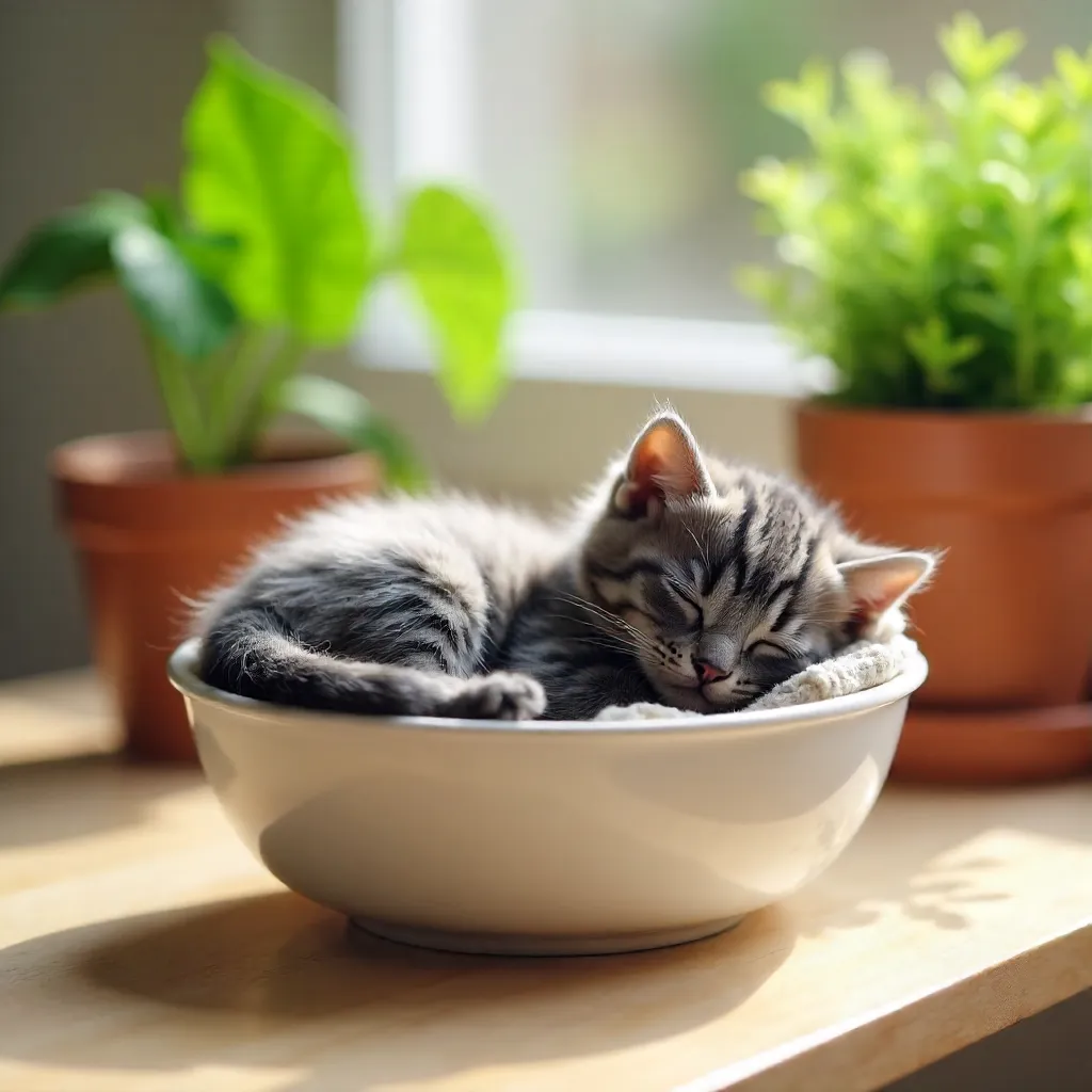 Cozy Gray Kitten Napping in a Ceramic Bowl by a Plant
