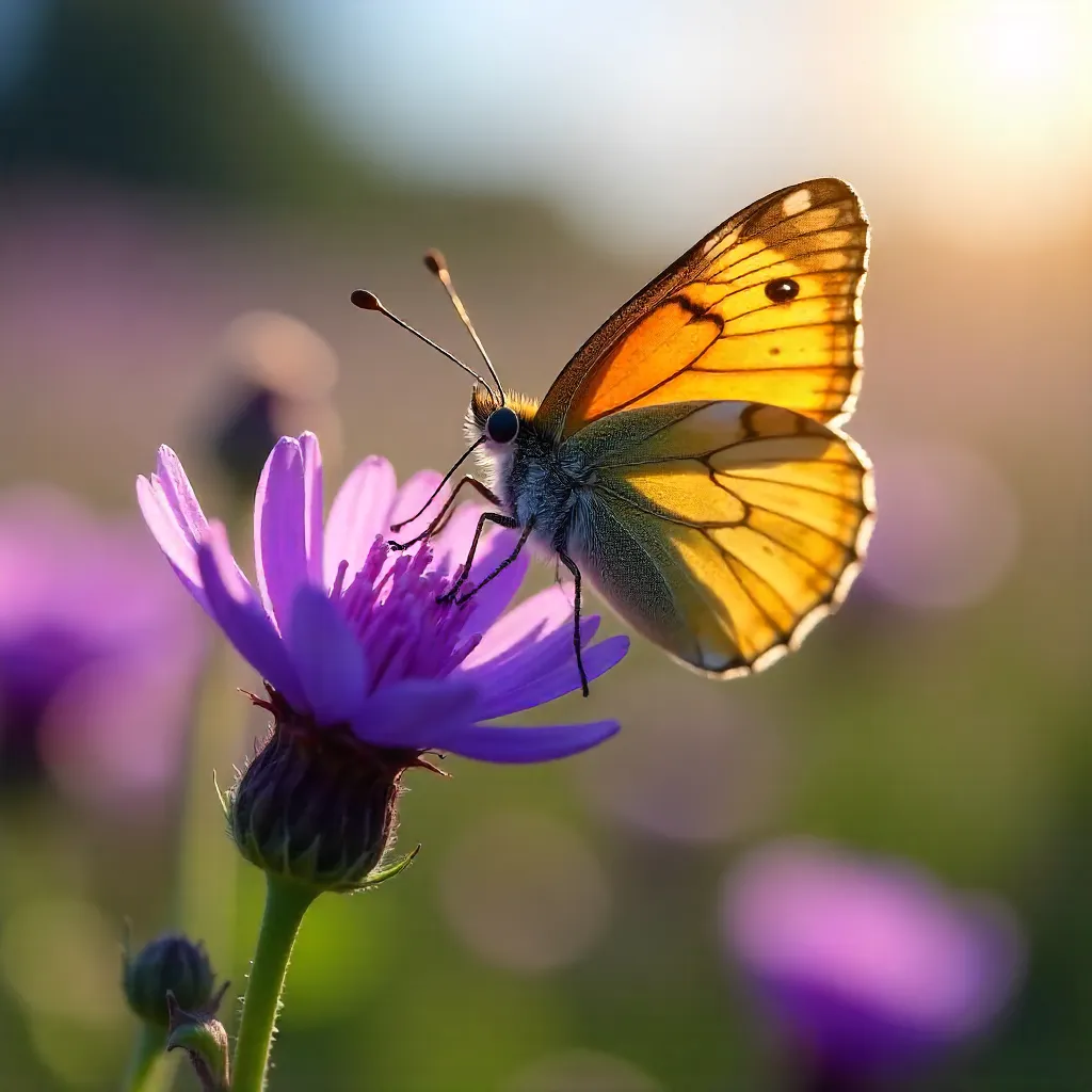 Butterfly on Purple Wildflowers in a Sunlit Meadow