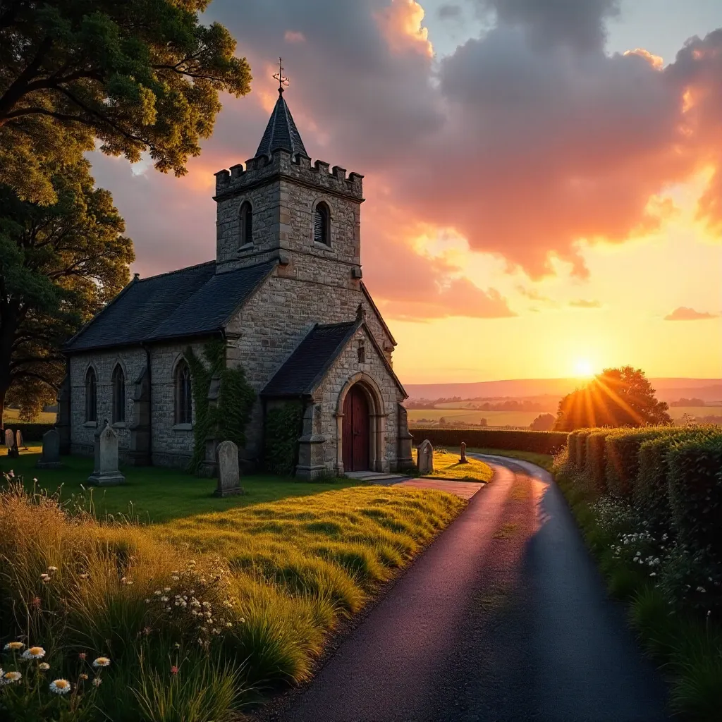 Golden Sunset over Aldwark Church, England