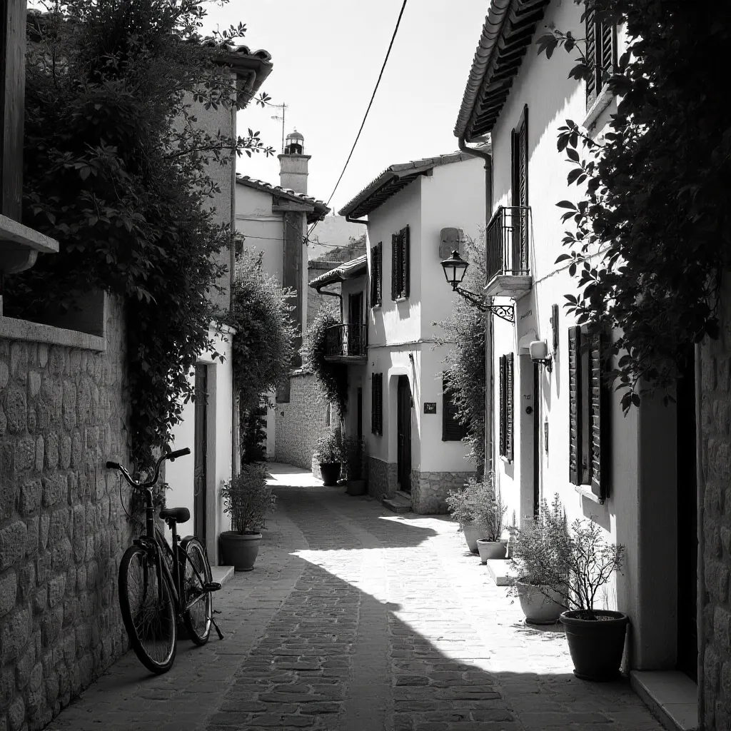 Quiet Mediterranean Village Street in Black and White