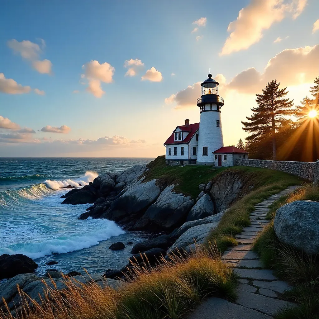 Portland Head Light on Maine's Atlantic Coast at Sunset