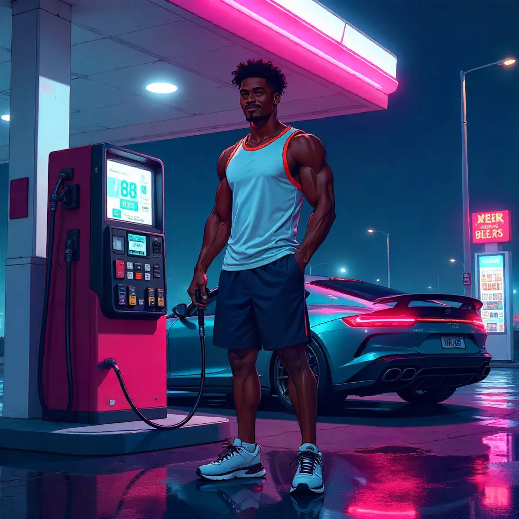 Neon Night: Anime Athlete at the Gas Station