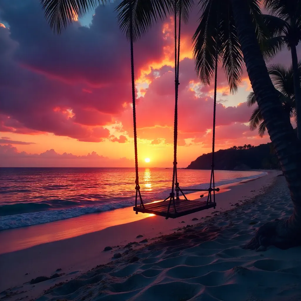 Silhouette on a Beach Swing at Sunset