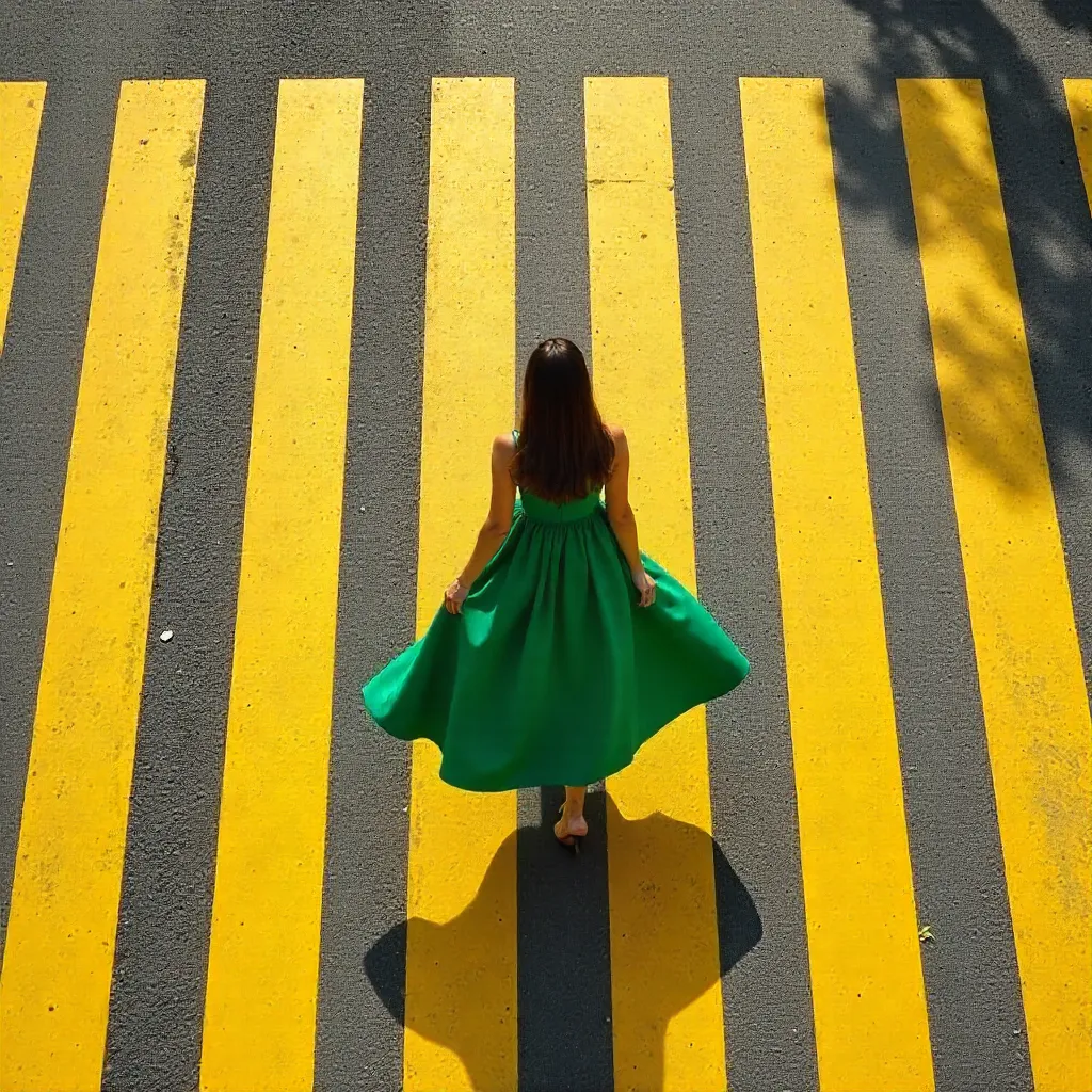 Aerial View: Green Dress Crossing Yellow Crosswalk