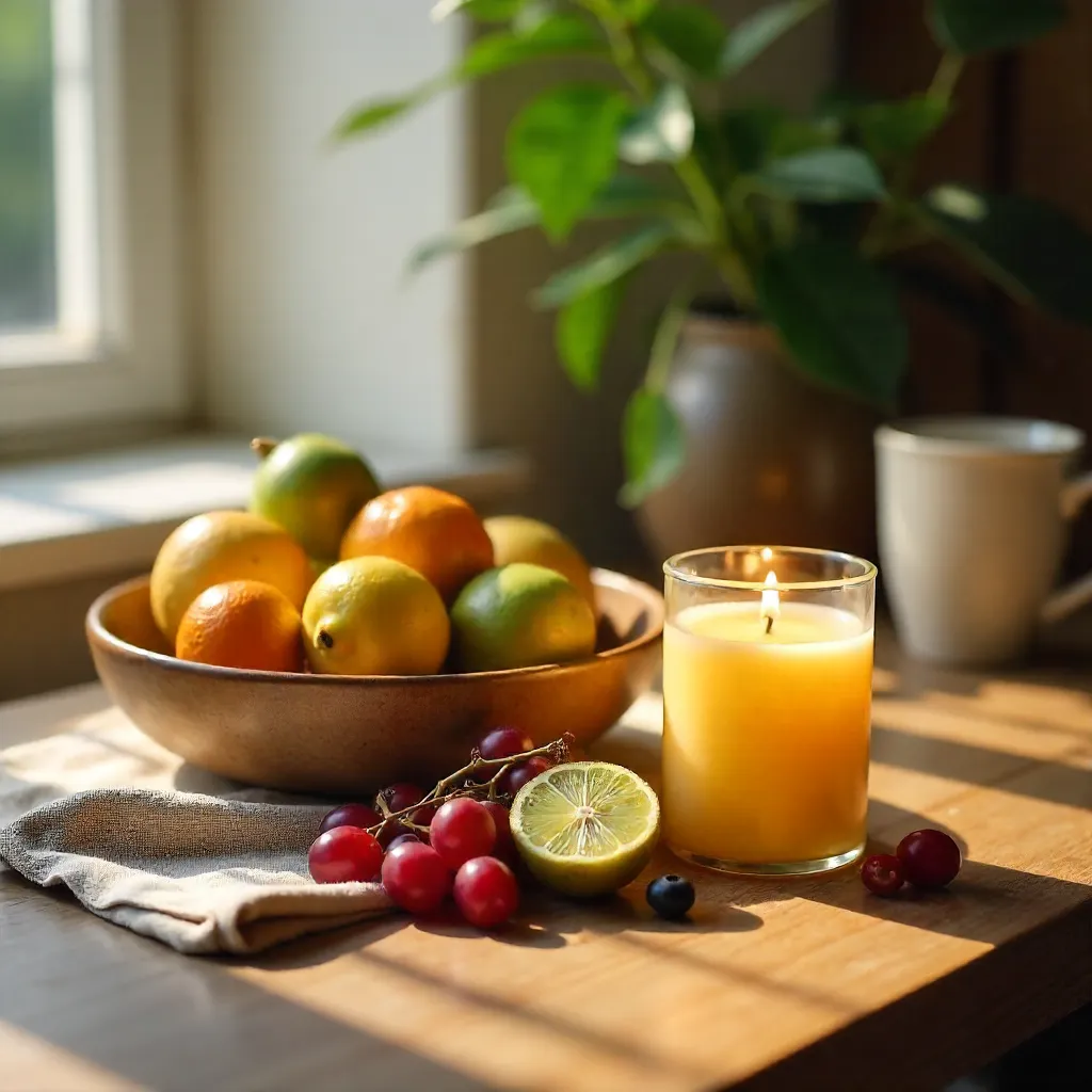 Cozy Still Life: Vibrant Fruits with Yuzu Candle