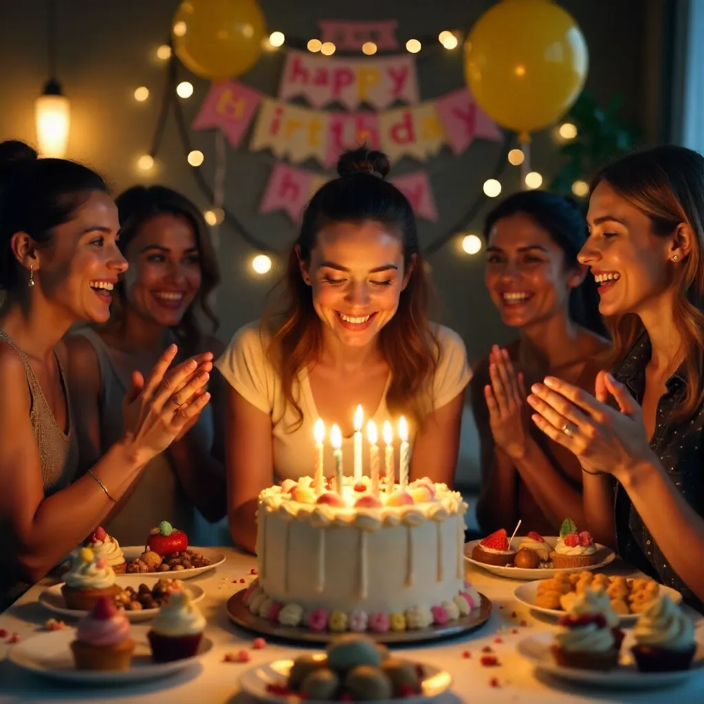 Woman Blowing Birthday Candles Among Friends