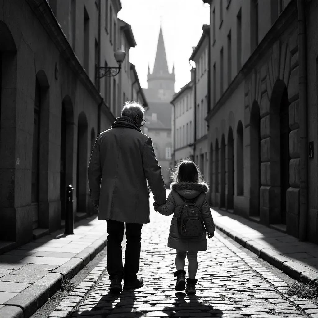 Monochrome Stroll in Metz: Father and Daughter