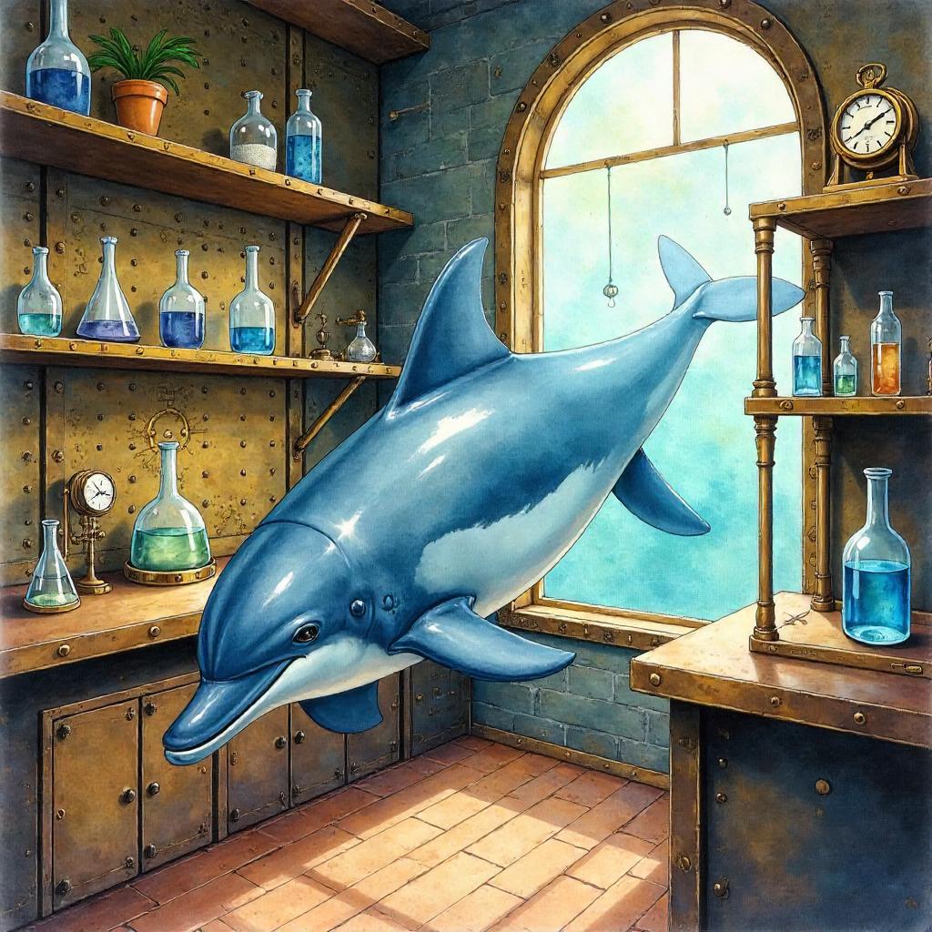 Dolphin in a Brass Laboratory: Watercolor Study