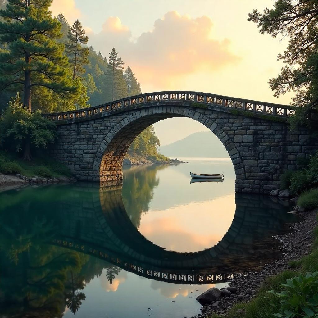 Golden Hour Stone Bridge by a Quiet Lake