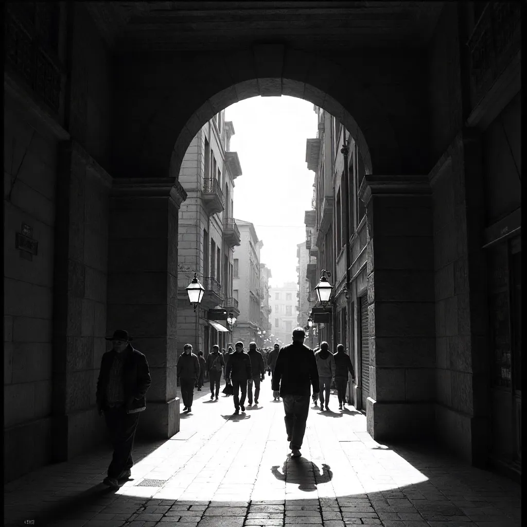 Movement Under a Stone Archway in Ankara – Black and White