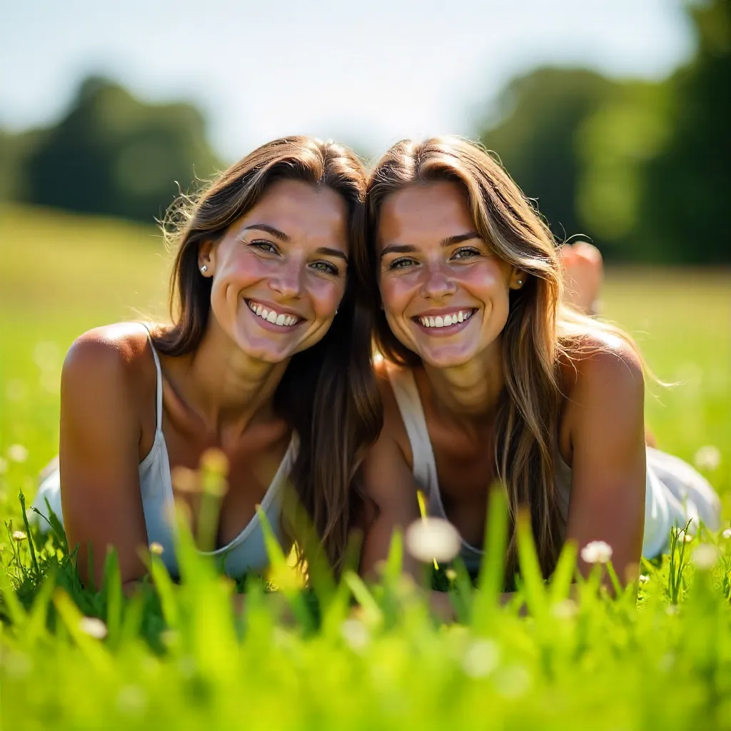 Sunlit Bliss: Two Women on Grassy Meadow