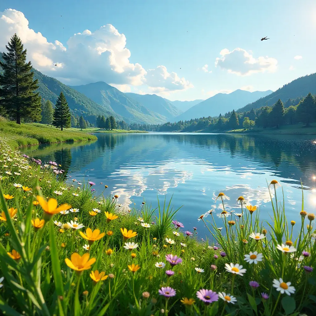 Summertime Lakeside with Wildflowers and Lush Greens