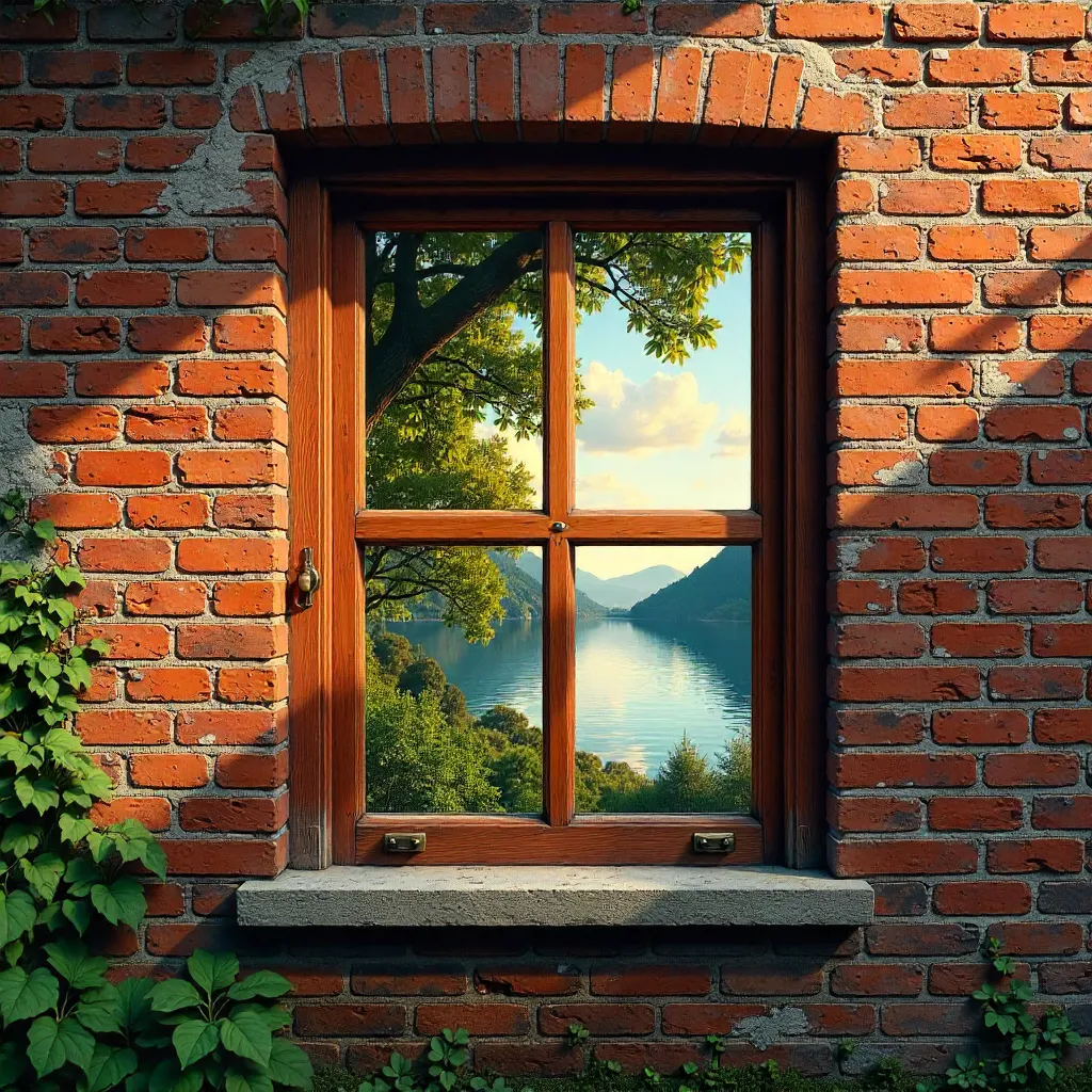 Vintage Brick Wall with Window Reflecting Nature