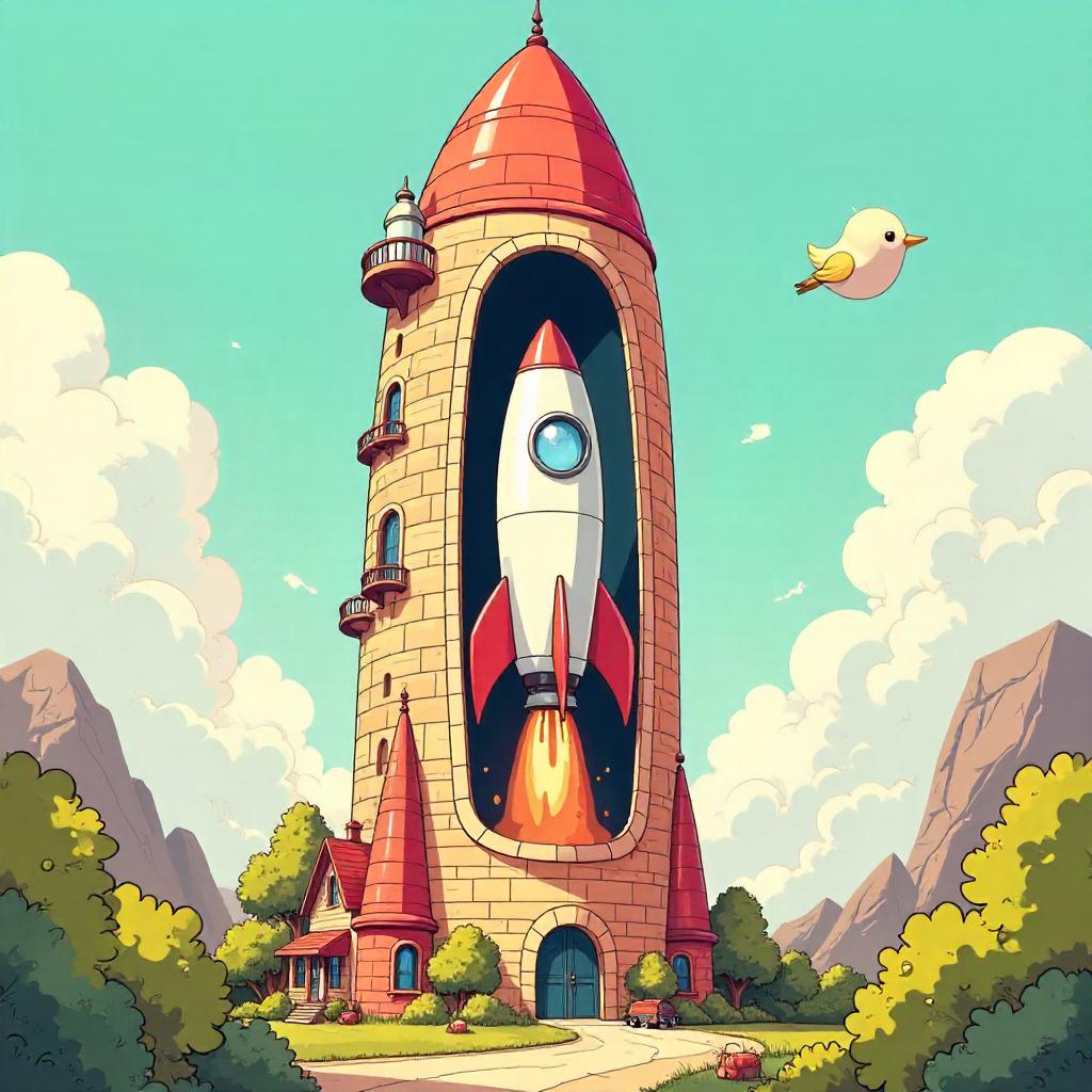 Whimsical Cartoon Rocket in a Tower