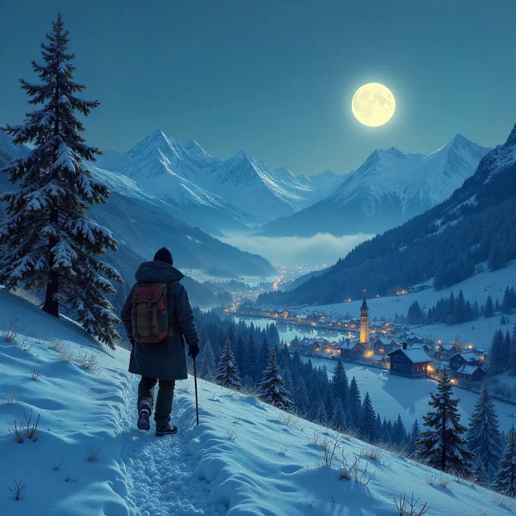 Moonlit Snowy Hills of Veneto, Italy