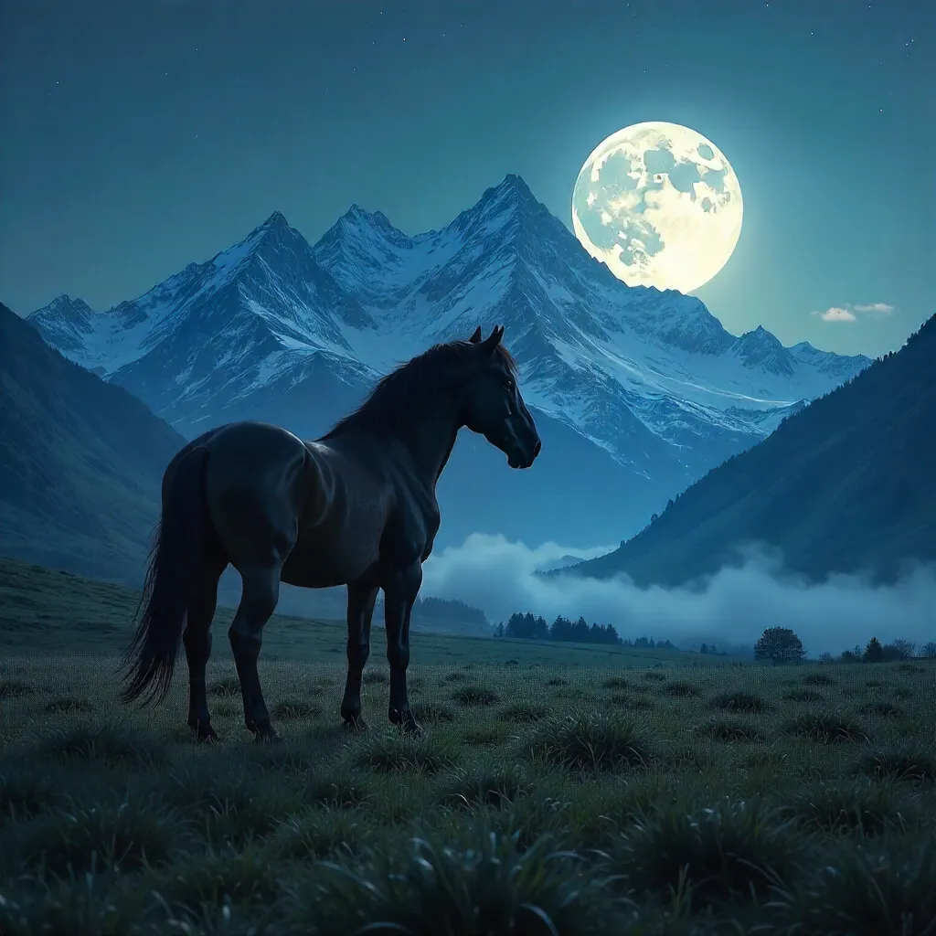 Moonlit Solitude: Horse in Mountain Moonlight