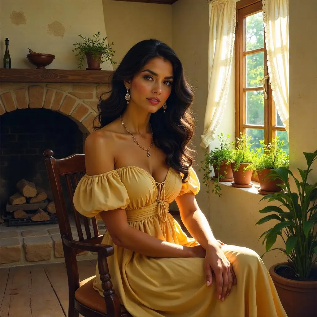 Elegant Latina Woman in a Cottage – Oil Portrait