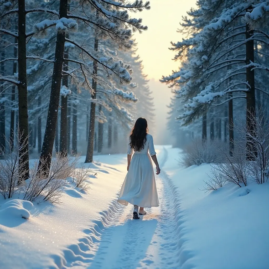 Serene Winter Walk in a White Dress