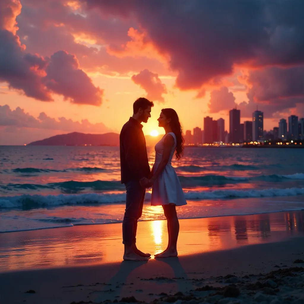 Sunset Silhouettes: Lovers on Beach with City Skyline