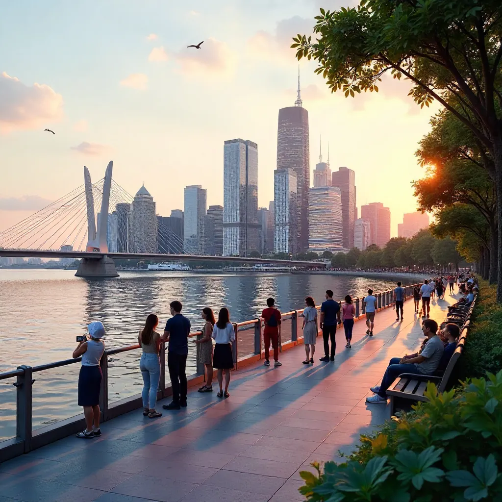Waterfront View with Modern Bridge and Skyscrapers